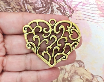 2 Filigree Heart Charm Pendant Gold by TIJC SP1553