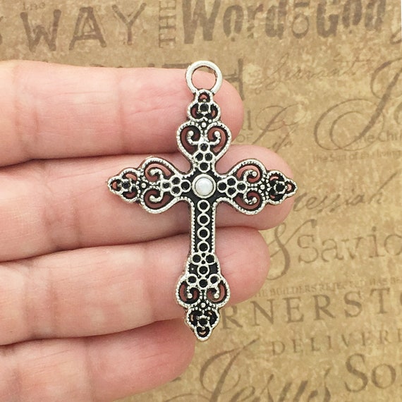 2 Filigree Silver Cross Charm Pendant 50x35mm by TIJC SP1632