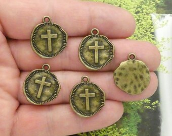 BULK 20 Hammered Bronze Cross Charm Pendant 22x19mm by TIJC SP1522B