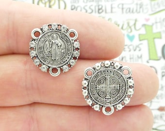 2 Silver St Benedict Medal Rosary Centers with Crystal by TIJC SP1963
