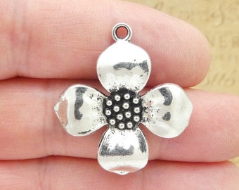 3 Dogwood Flower Charm Pendant Silver 26x22mm by TIJC SP0305