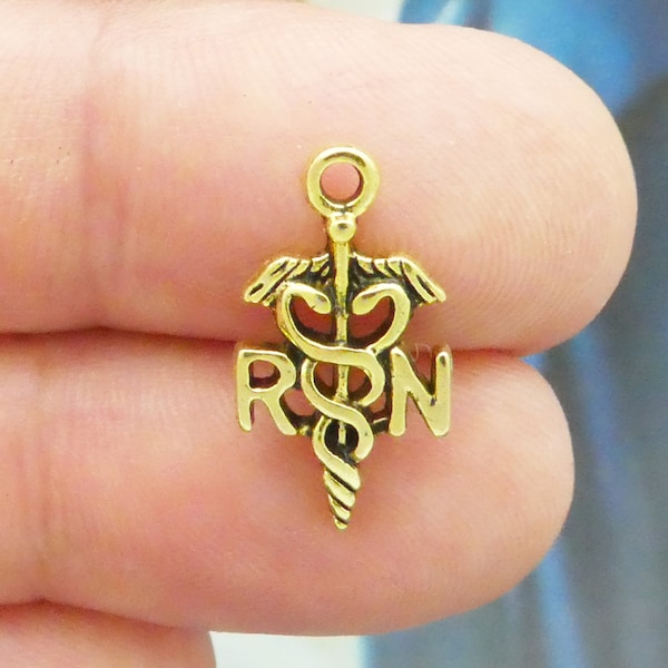 10 Gold RN Caduceus Medical Charm Nurse Pendant 19x10mm by TIJC SP2019