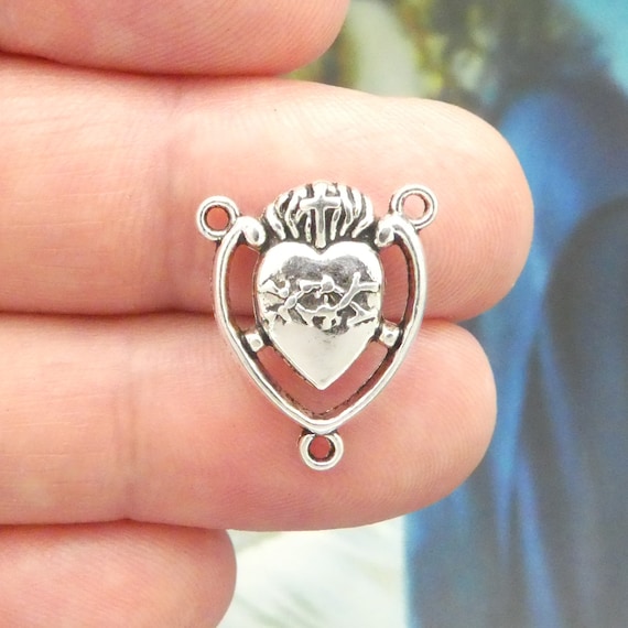 (my)Rosy HEART  ハンドメイドシルバーアクセ 5 Sacred Heart of Jesus Silver Rosary Centerpieces by TIJC SP1431