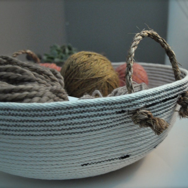 RESERVED for Lisa: Natural Cotton Coiled Basket/Bowl w/Manilla Rope Handles