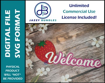 Strawberry Welcome Sign SVG File, Wreath Welcome Sign, Strawberry Tiered Tray Decor SVG File, Shelf Sitter Sign SVG, Digital Laser File