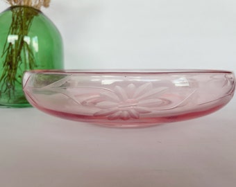 Vintage Pink Depression Glass Floral Etched Bowl - 1930s