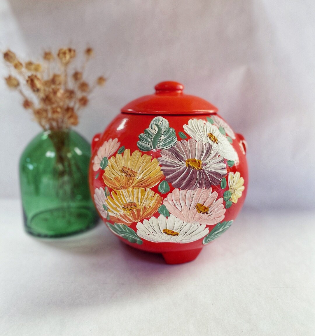 Ransburg Pottery Red Orange Cookie Jar With Hand Painted Aster Flowers