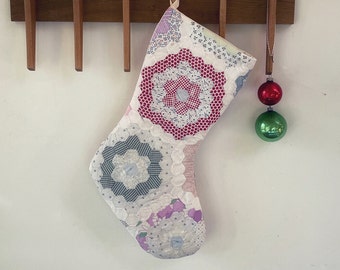 Vintage Grandmas Garden Quilt Christmas Stocking - Hand Stitch Quilted Stocking - Cottage, Farmhouse Holiday