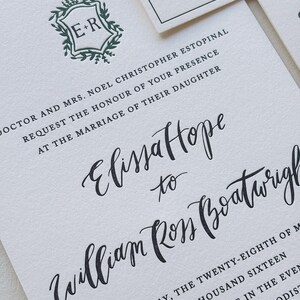 May include: Wedding invitation with a green and white monogram of "E+R" surrounded by leaves. The invitation announces the marriage of "Elisa Hope" to "William Ross Boatwright" on Saturday, the twenty-eighth of May, two thousand sixteen at half past five in the evening.