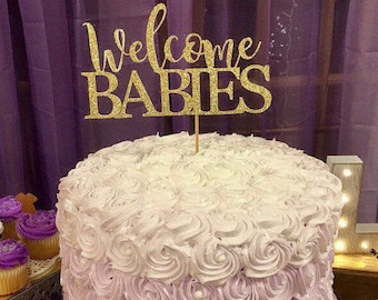 Welcome Baby Cake Topper, Gold Baby Shower Cake Topper, Welcome Babies, Welcome Twins cake topper, Twins,  baby shower cake topper