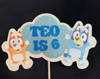 Adorno para tarta de Bluey, Bluey, cumpleaños de Bluey, fiesta de cumpleaños, perro, Bluey y Bingo, adorno personalizado