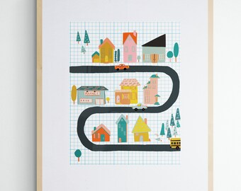 Town Cute Illustration Print with Cars Houses Shops