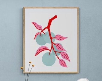 Apple Tree Illustration Print Blue and Red