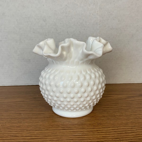 Vintage Fenton Milk Glass Hobnail Pattern Bowl with Ruffle Edge, Home Decor, White Glass