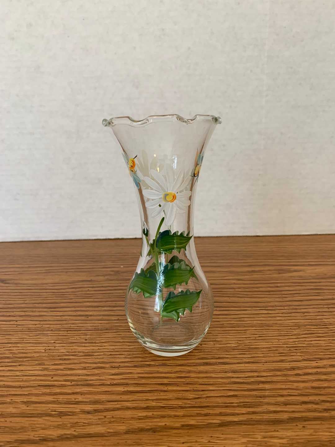 Vintage Clear Glass Vase With Hand Painted Scene, Vase With Daisies and Bees, Home Decor Etsy