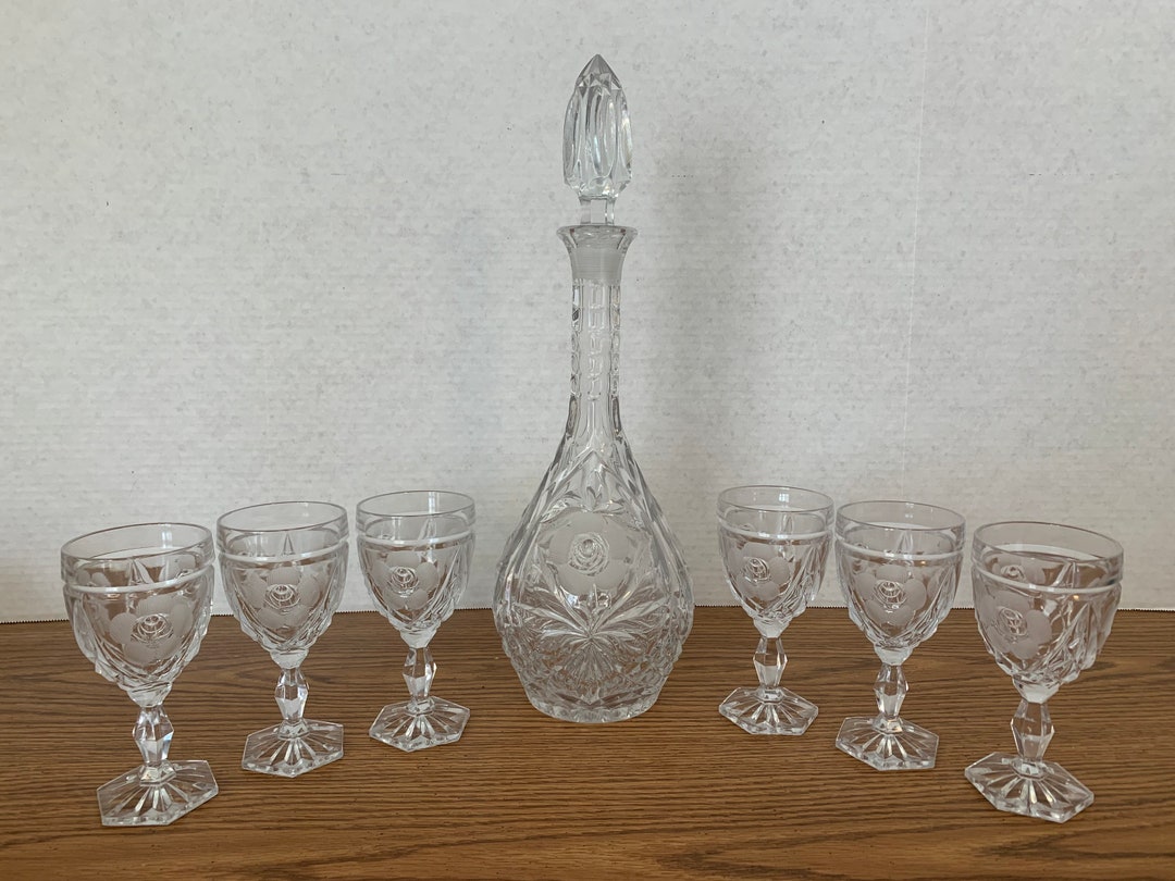 Vintage Crystal Decanter and Glass Set Beautiful Etched Etsy
