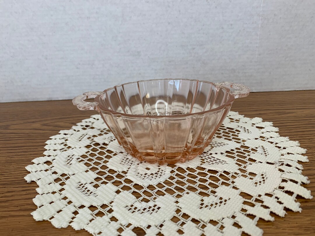 Vintage Pink Glass Bowl With Clear Glass Handles, Serving Bowl, Candy