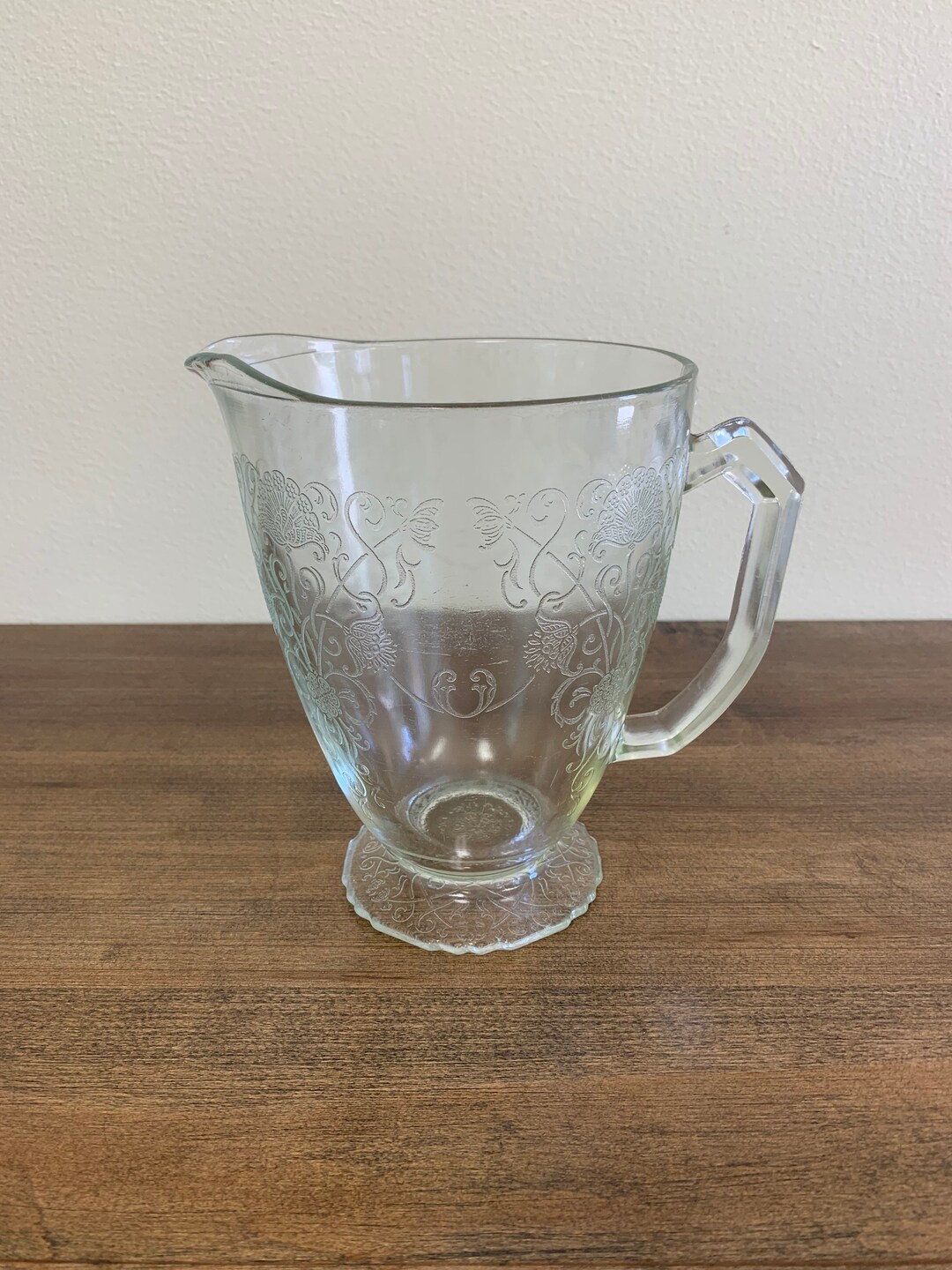 Vintage Clear Glass Water Pitcher Flower and Swirl Design Etsy