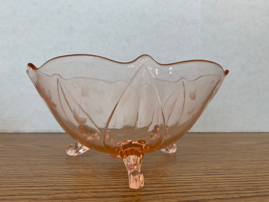 Vintage Pink Glass Serving Bowl on Three Feet Pink Etched Etsy