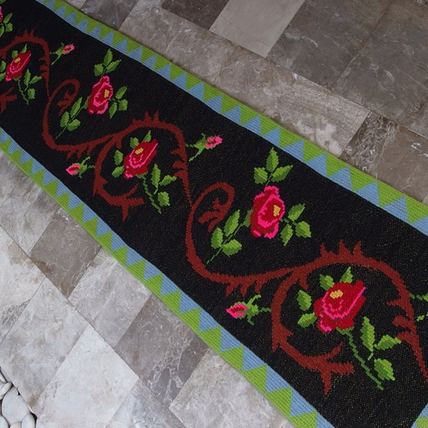 Vintage Embroidered Rug Runner Long Decorative Floor Rug Greek Floral Embroidery Roses Wool on Burlap Textiles Art Home Decor 1950's