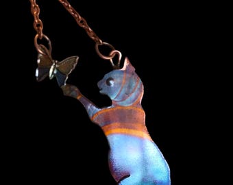 Copper Cat  and Butterfly Necklace, Handmade Flame Painted Copper Art