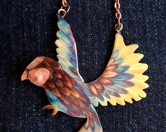 Barn Owl in Flight, flame painted copper