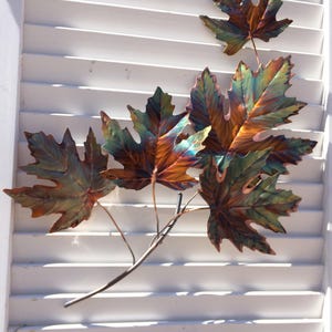 Flame Painted Copper Maple leaf branch-  heat colored,