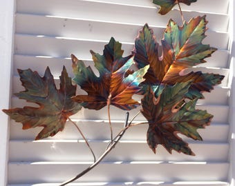 Flame Painted Copper Maple leaf branch-  heat colored,