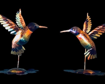 Set of two Flame Painted Copper Hummingbirds for table top or wall