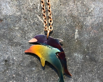 Dancing Dolphin necklace, pendant, Flame Painted Copper