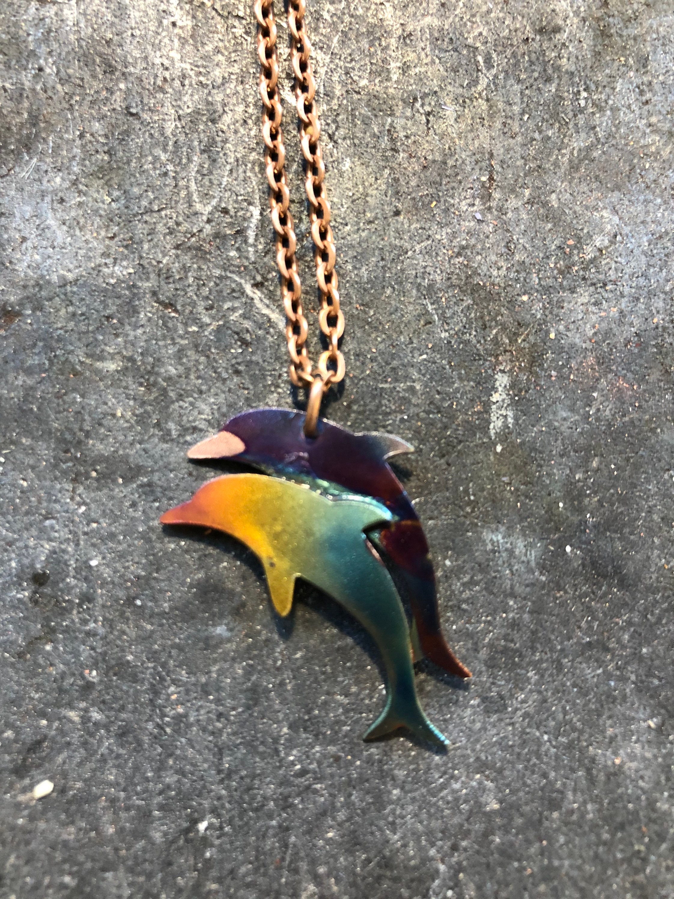 Dancing Dolphin necklace, pendant, Flame Painted Copper
