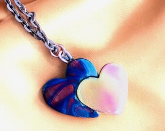 Double Heart Copper Necklace colored with Flame, 1”