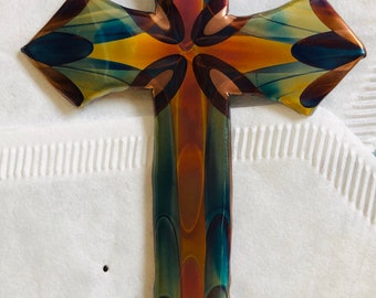 Small Flame Painted Copper Cross, Wall Art, Hand made in America, Unique Art Colored with fire. 4” or 6”