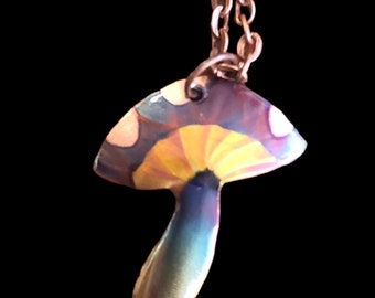 Mushroon Pendant Necklace, Flame Painted Copper, handmade in the USA, colored only with heat