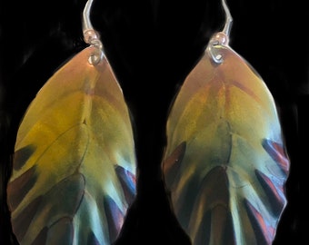 Flame painted Copper, Fluted Leaf shaped drop earrings