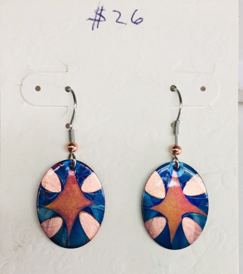Flame painted Copper Oval Drop Earrings Etsy