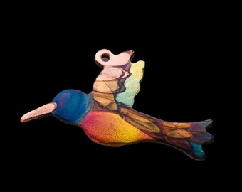 Flying Hummingbird necklace, flame painted copper, handmade in USA, colored only with fire