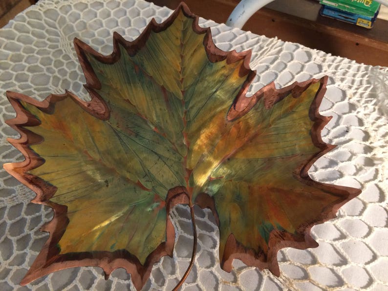 Flame Painted Copper Maple Leaf Bowl or wall art handmade Etsy