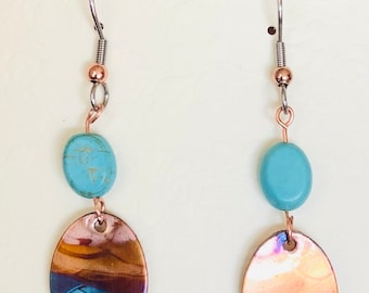 Flame painted copper oval drop ear rings with turquoise bead