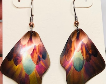 Abstract Wing, Flame Painted Copper Earrings