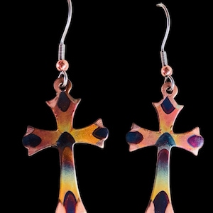 Flame Painted Cross Ear Rings, great stocking stuffer or Christmas gift! Handmade, small dangle earrings, copper colored with heat