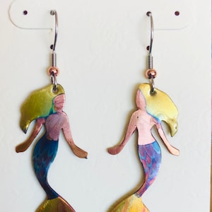 Copper Dancing Mermaid earrings, colored only with fire! Original art