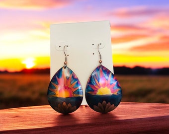 Extra Large Teardrop Earrings, Flame Painted Copper, Dreamscape Pattern
