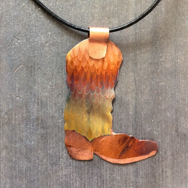 Cowboy boot Necklace, Flame Painted Copper on leather cord.