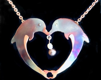 Copper Dolphin Heart with pearls,single chain, colored with fire
