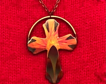 Flame painted Copper cross pendant necklace