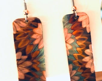 Flame Painted Copper, Rectangular drop earrings,  “Wisdom's Path” pattern