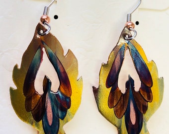 Rising Phoenix, handmade,Flame painted copper  earrings