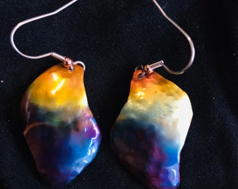 Fire painted copper earrings, unique handmade, hammered dangles