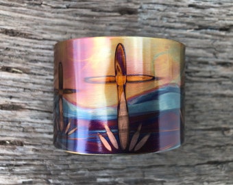 Cuff bracelet, "Three Crosses”, Flame painted copper